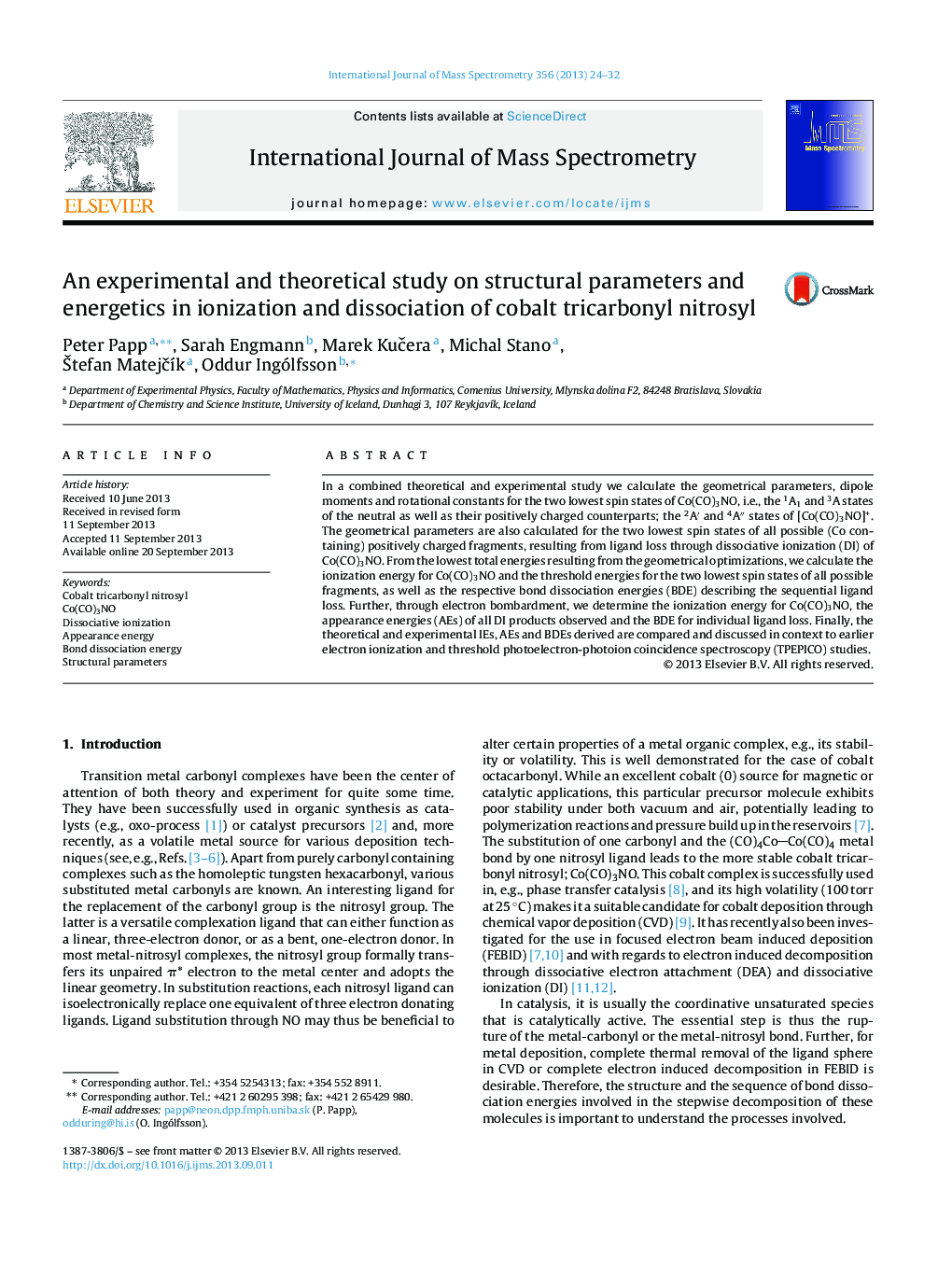 An experimental and theoretical study on structural parameters and energetics in ionization and dissociation of cobalt tricarbonyl nitrosyl