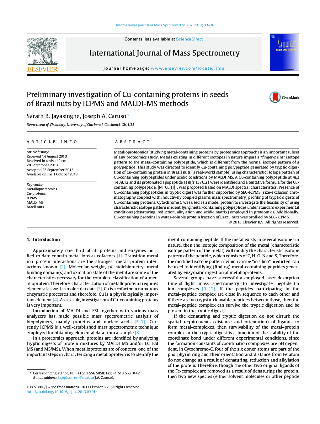 Preliminary investigation of Cu-containing proteins in seeds of Brazil nuts by ICPMS and MALDI-MS methods