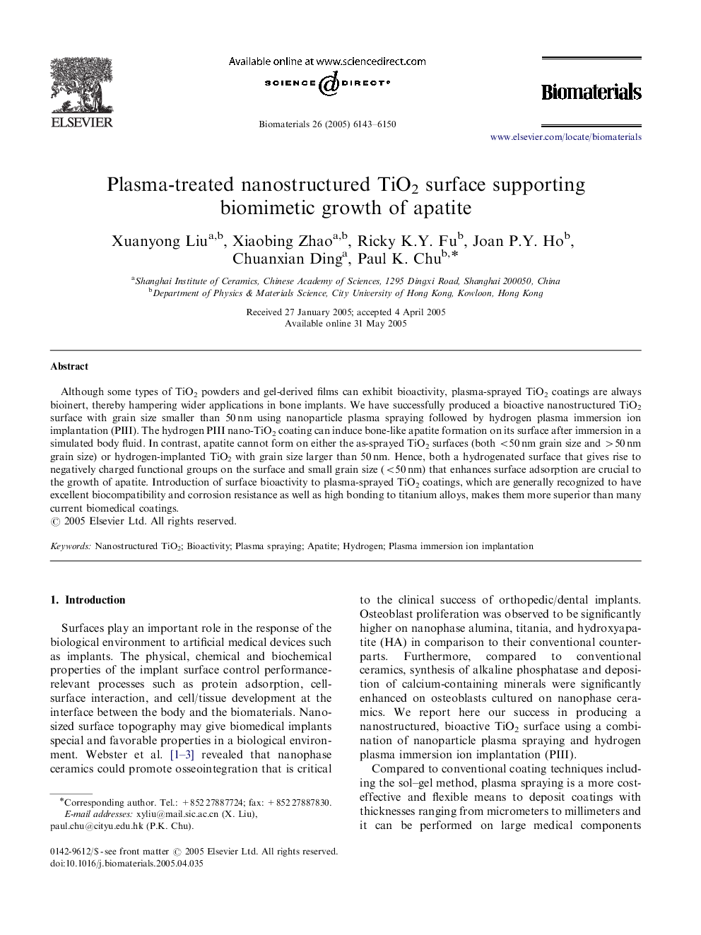 Plasma-treated nanostructured TiO2 surface supporting biomimetic growth of apatite