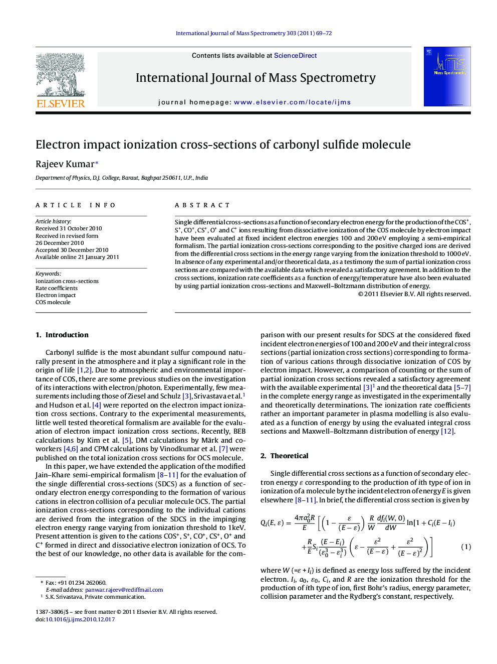 Electron impact ionization cross-sections of carbonyl sulfide molecule