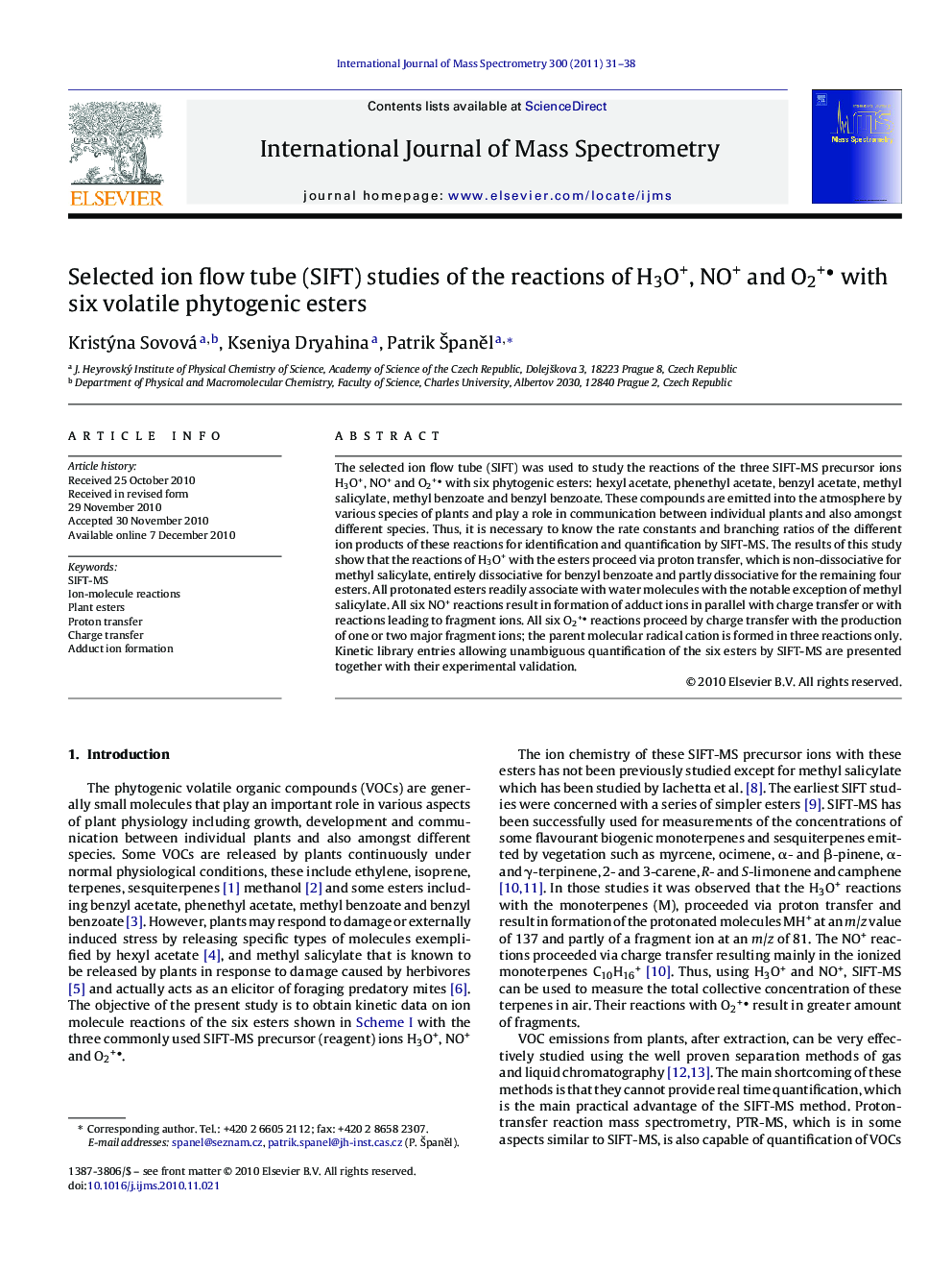 Selected ion flow tube (SIFT) studies of the reactions of H3O+, NO+ and O2+ with six volatile phytogenic esters