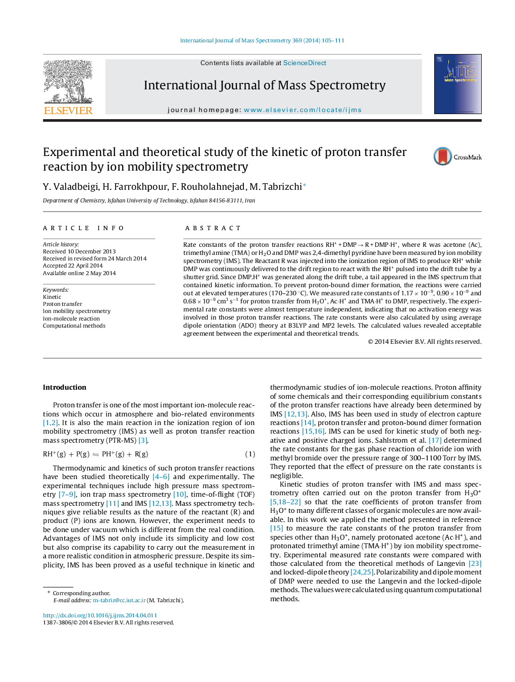 Experimental and theoretical study of the kinetic of proton transfer reaction by ion mobility spectrometry