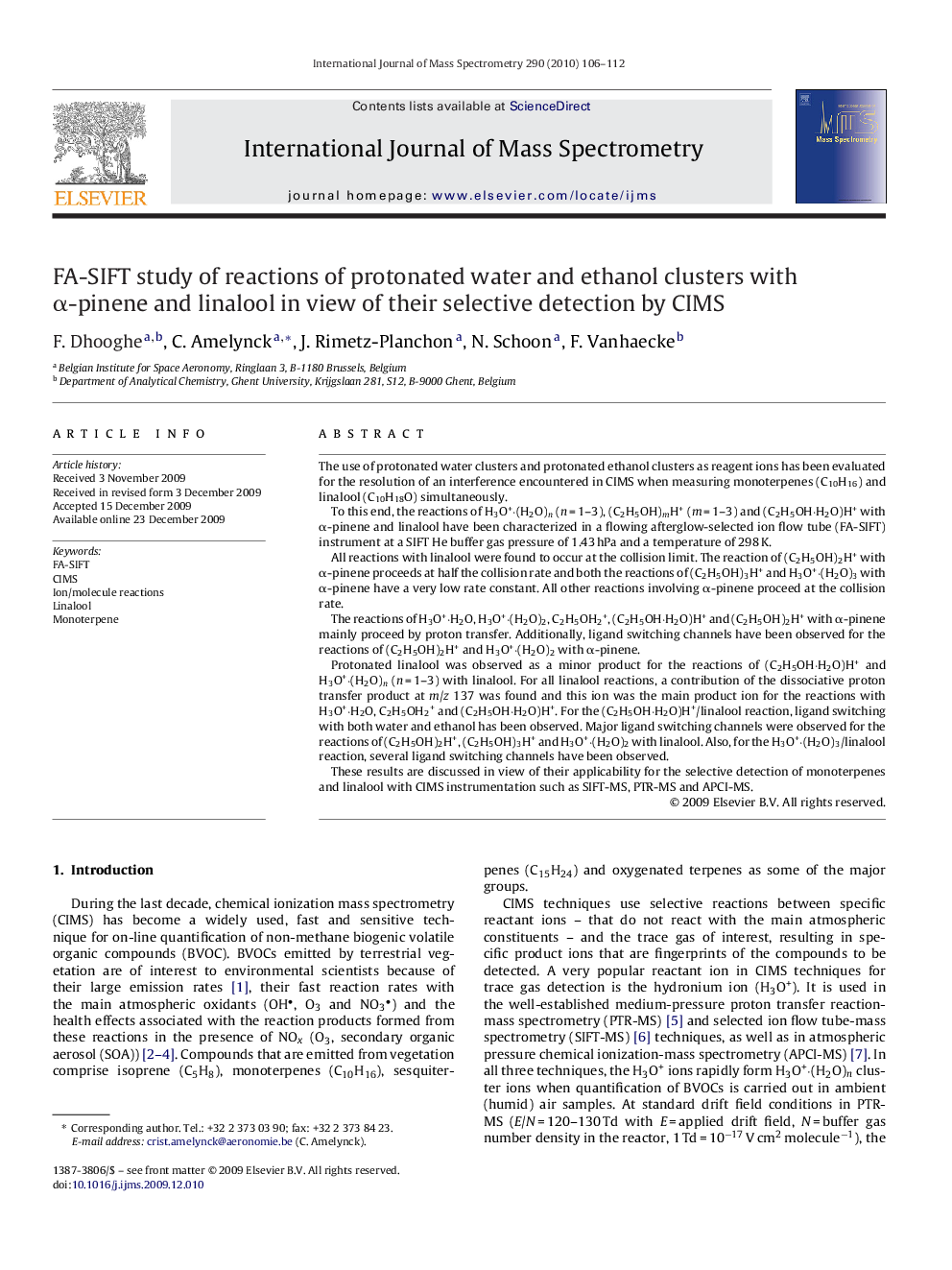 FA-SIFT study of reactions of protonated water and ethanol clusters with α-pinene and linalool in view of their selective detection by CIMS