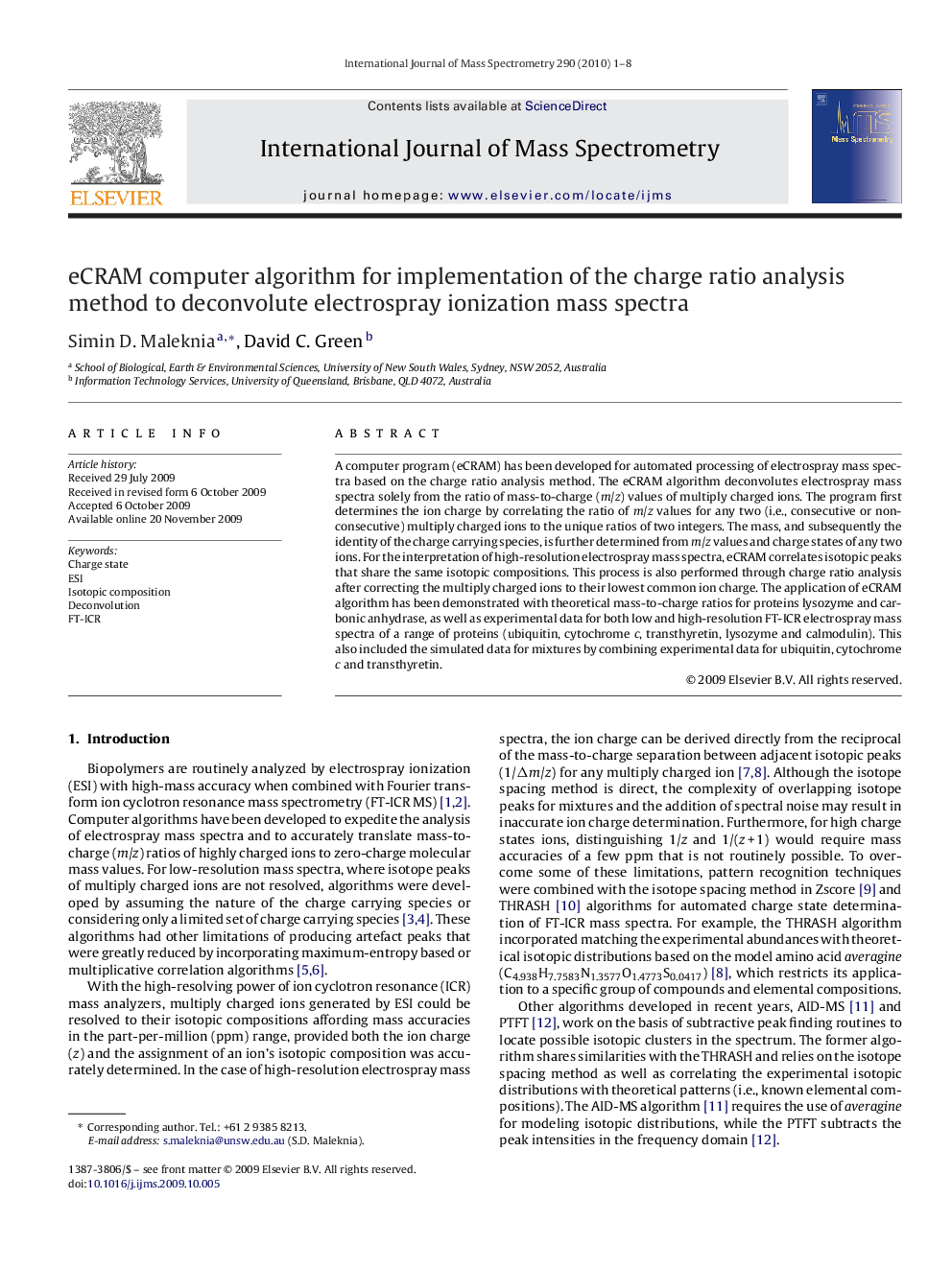 eCRAM computer algorithm for implementation of the charge ratio analysis method to deconvolute electrospray ionization mass spectra