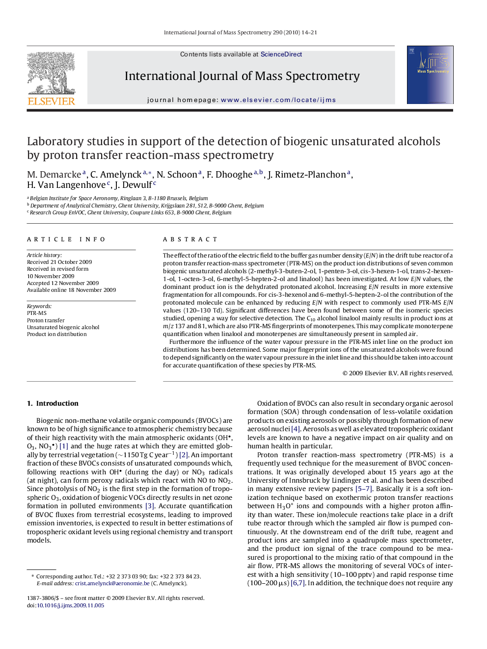 Laboratory studies in support of the detection of biogenic unsaturated alcohols by proton transfer reaction-mass spectrometry