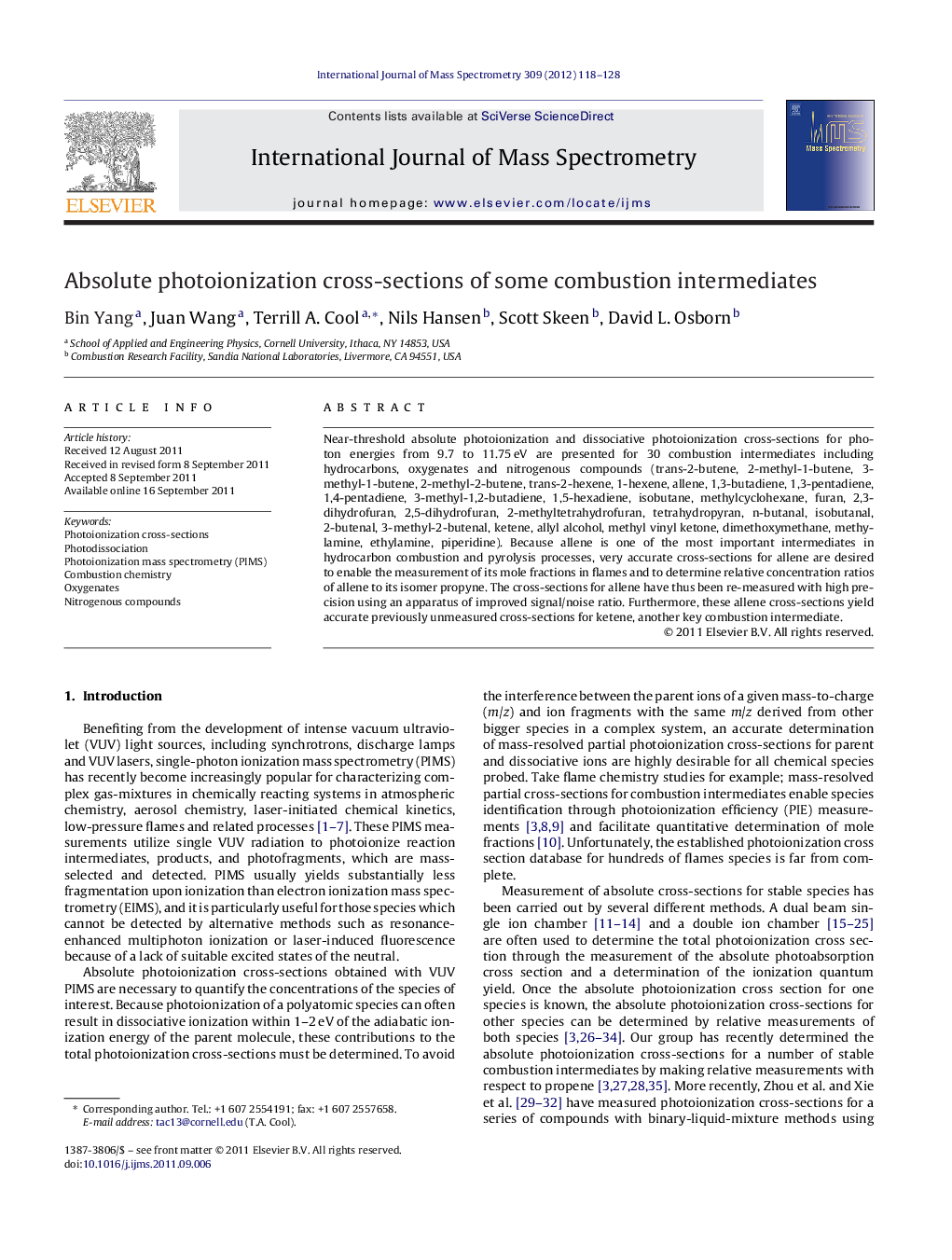 Absolute photoionization cross-sections of some combustion intermediates