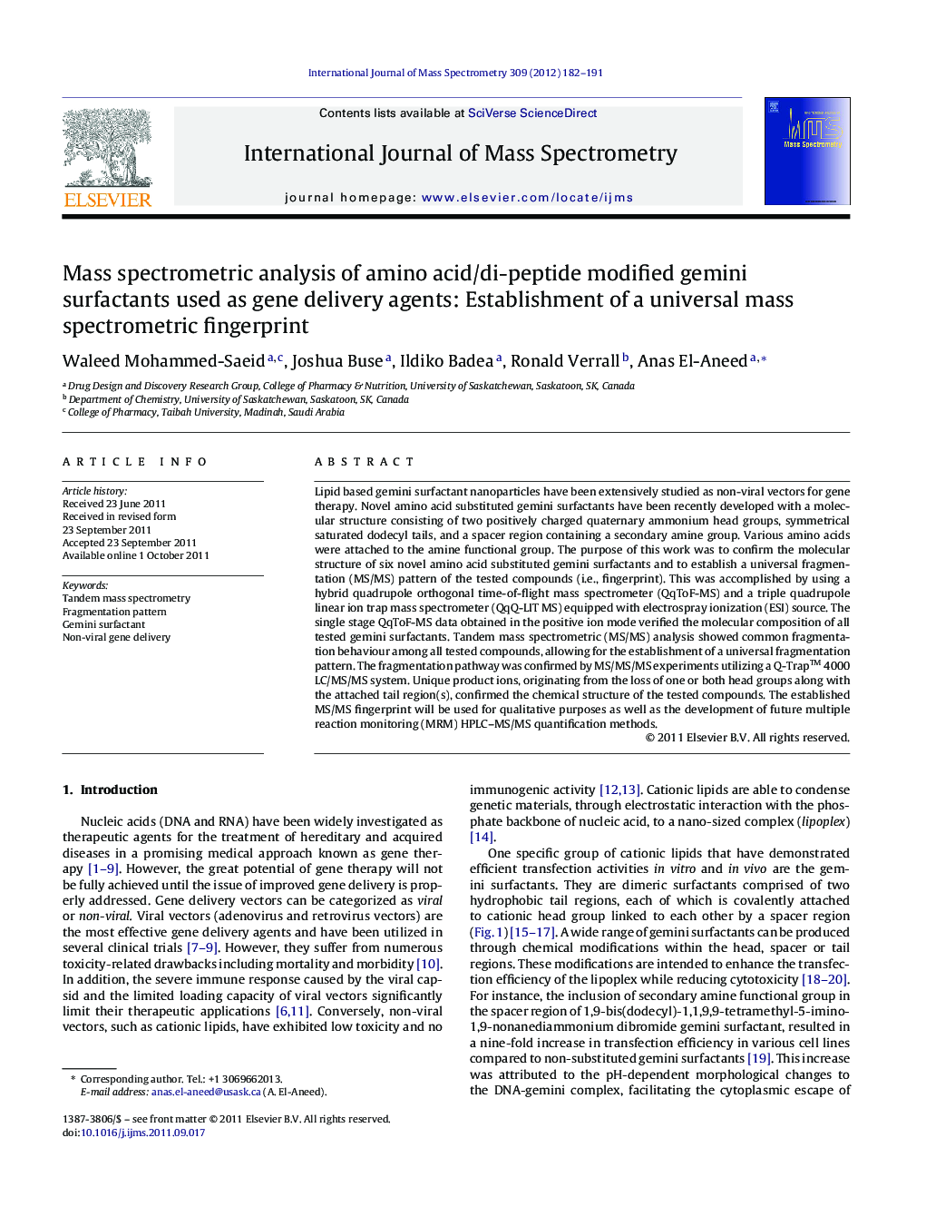 Mass spectrometric analysis of amino acid/di-peptide modified gemini surfactants used as gene delivery agents: Establishment of a universal mass spectrometric fingerprint