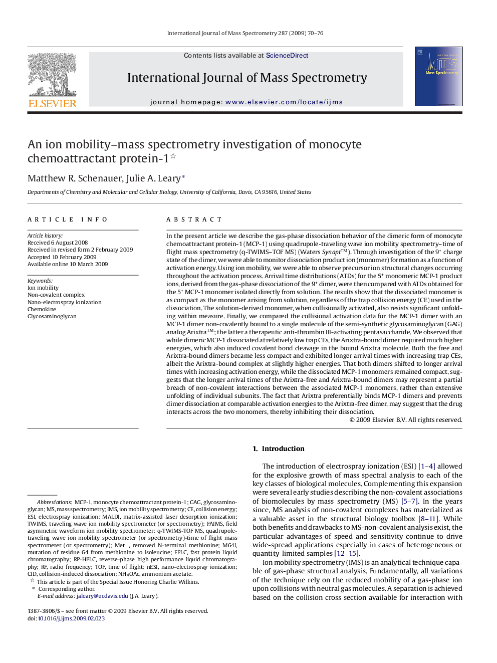 An ion mobility–mass spectrometry investigation of monocyte chemoattractant protein-1 