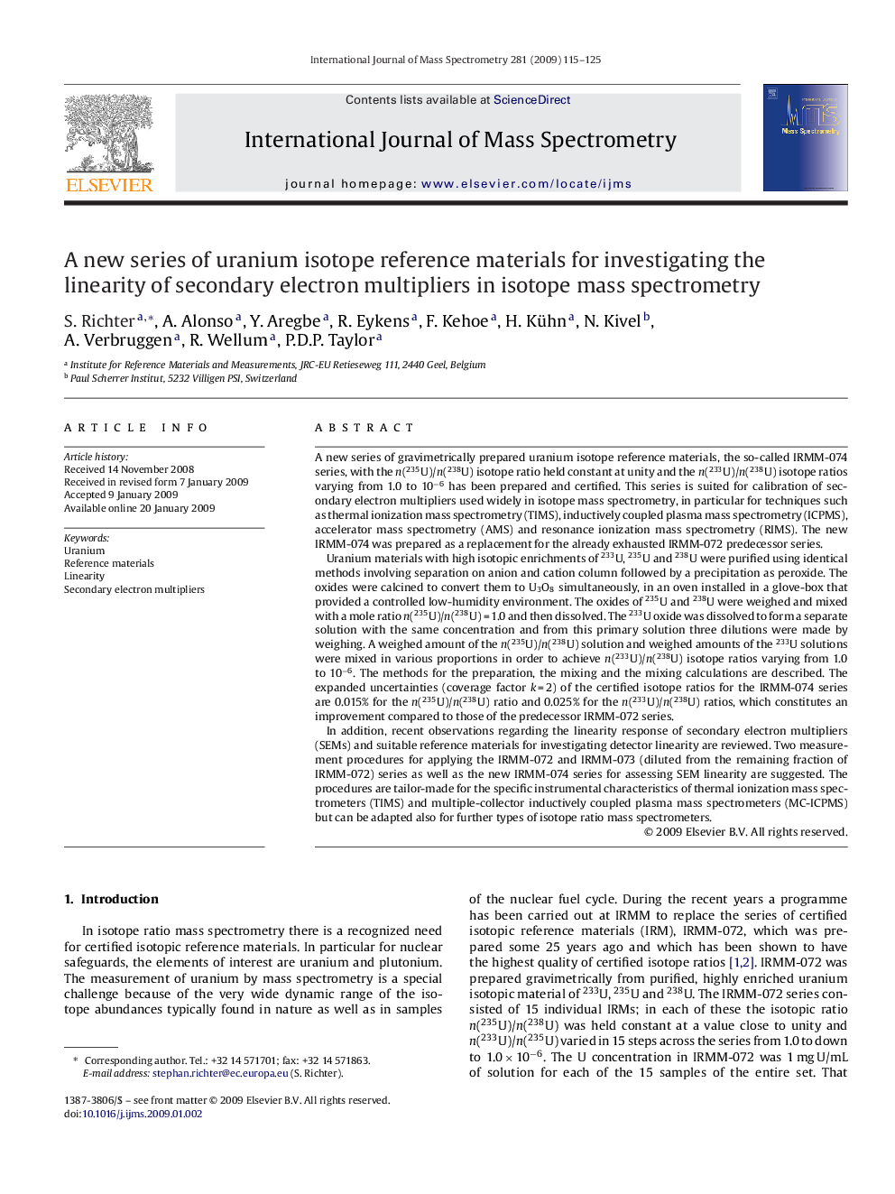 A new series of uranium isotope reference materials for investigating the linearity of secondary electron multipliers in isotope mass spectrometry