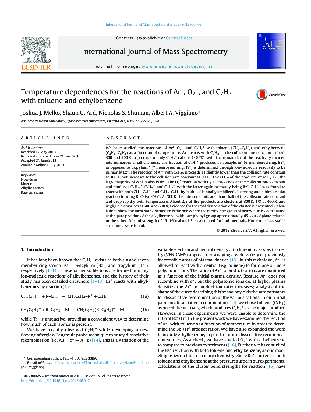 Temperature dependences for the reactions of Ar+, O2+, and C7H7+ with toluene and ethylbenzene