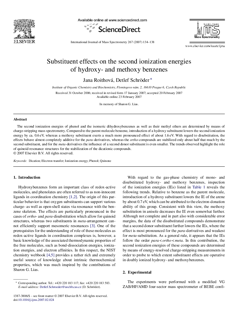 Substituent effects on the second ionization energies of hydroxy- and methoxy benzenes