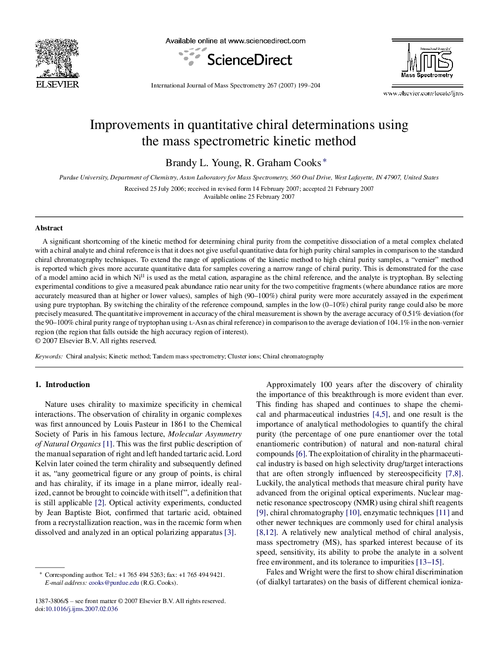 Improvements in quantitative chiral determinations using the mass spectrometric kinetic method