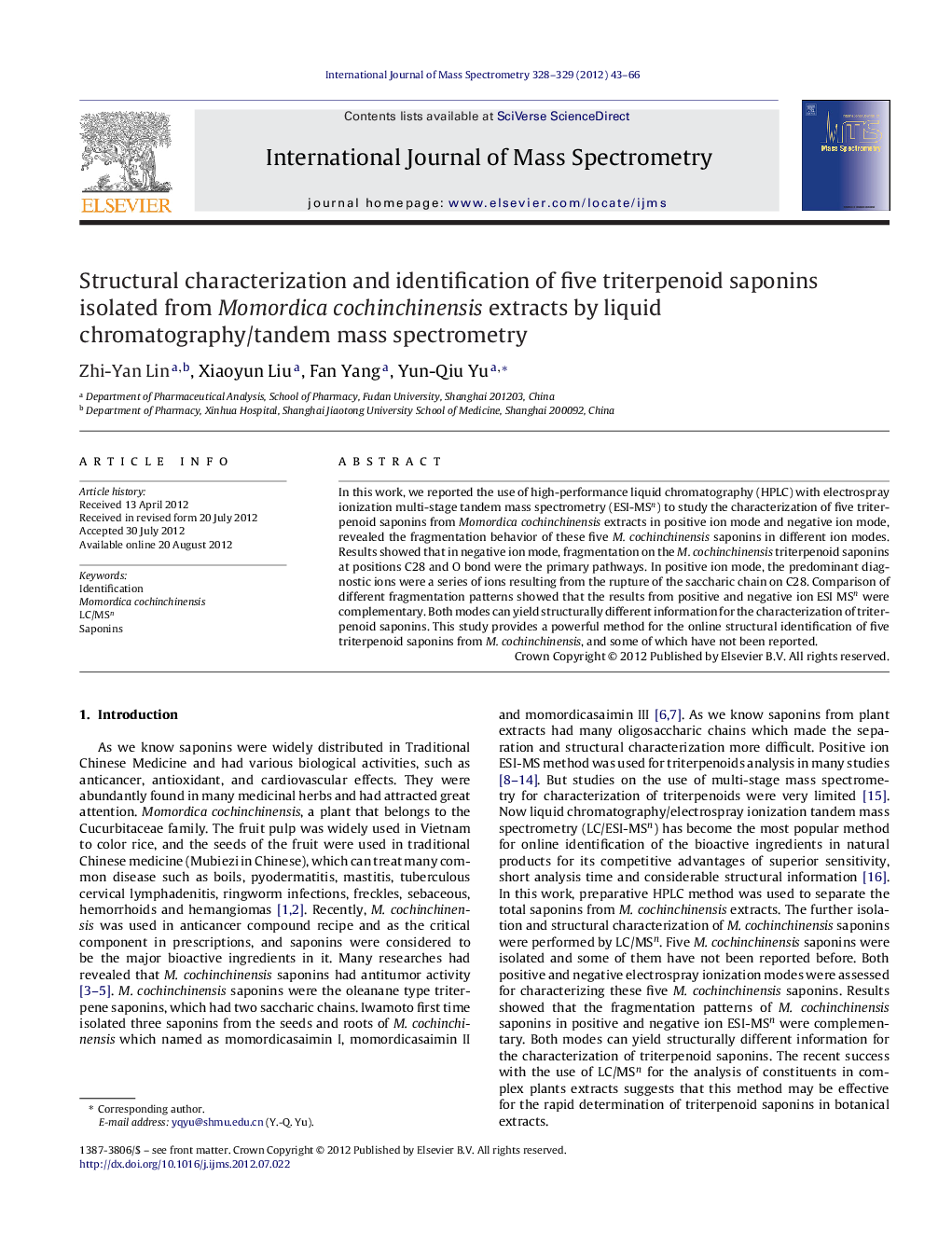 Structural characterization and identification of five triterpenoid saponins isolated from Momordica cochinchinensis extracts by liquid chromatography/tandem mass spectrometry