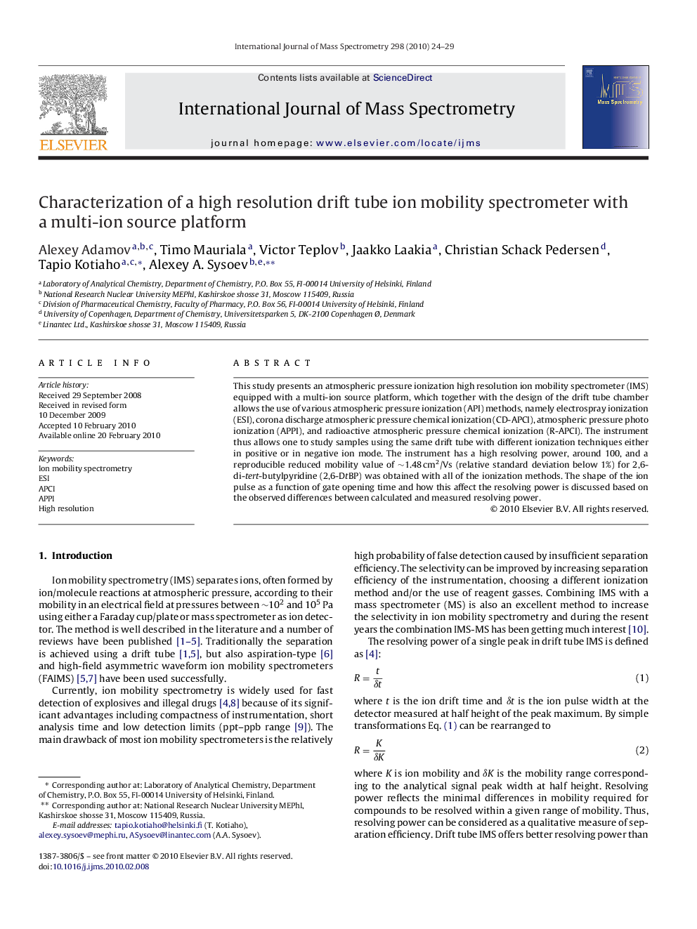 عکس صفحه اول مقاله: Characterization of a high resolution drift tube ion mobility spectrometer with a multi-ion source platform Characterization of a high resolution drift tube ion mobility spectrometer with a multi-ion source platform