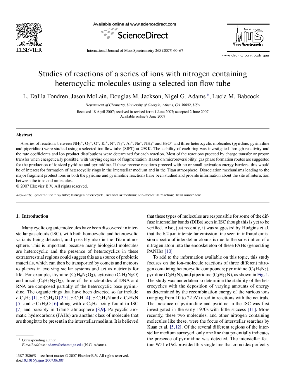 Studies of reactions of a series of ions with nitrogen containing heterocyclic molecules using a selected ion flow tube