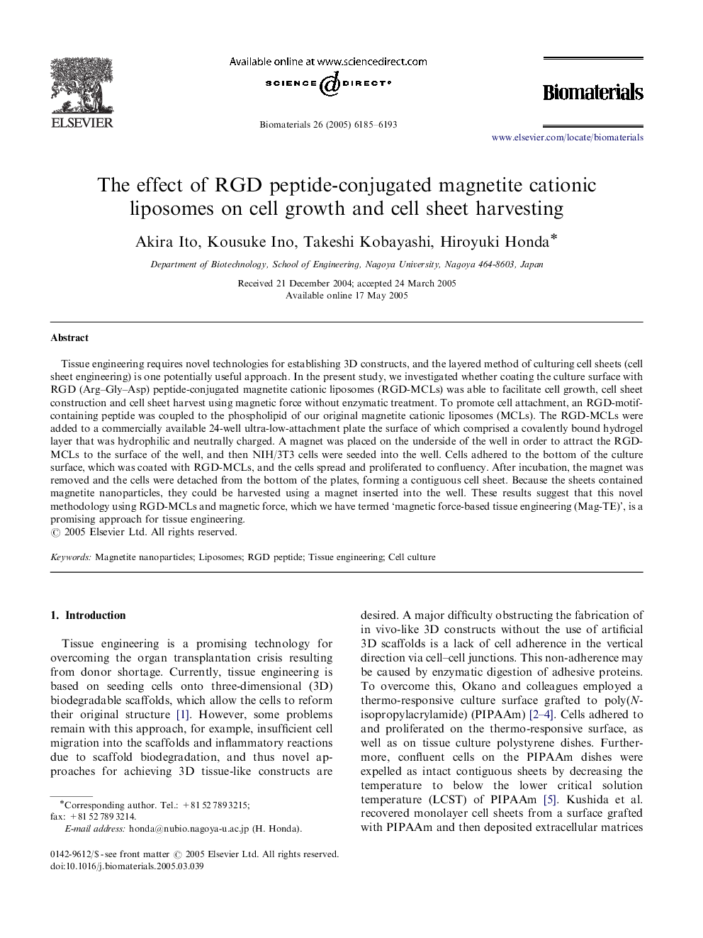 The effect of RGD peptide-conjugated magnetite cationic liposomes on cell growth and cell sheet harvesting