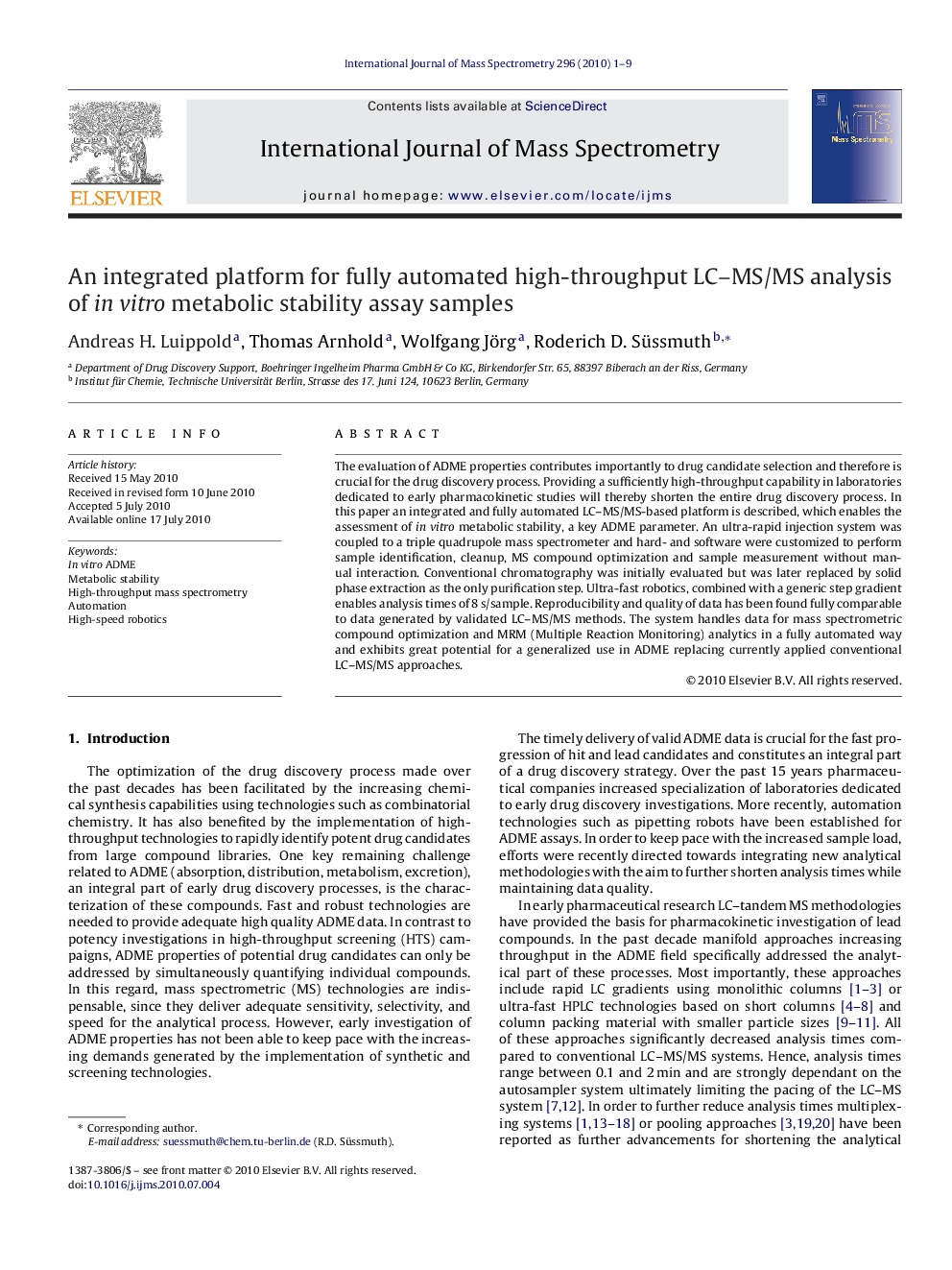 An integrated platform for fully automated high-throughput LC–MS/MS analysis of in vitro metabolic stability assay samples