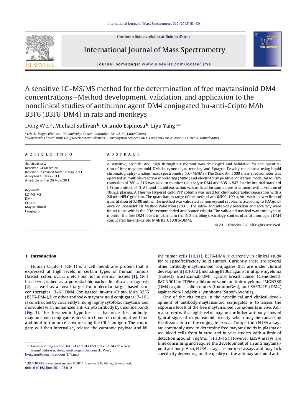 A sensitive LC-MS/MS method for the determination of free maytansinoid DM4 concentrations-Method development, validation, and application to the nonclinical studies of antitumor agent DM4 conjugated hu-anti-Cripto MAb B3F6 (B3F6-DM4) in rats and monkeys