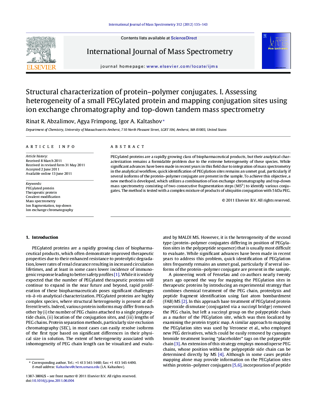 Structural characterization of protein–polymer conjugates. I. Assessing heterogeneity of a small PEGylated protein and mapping conjugation sites using ion exchange chromatography and top-down tandem mass spectrometry