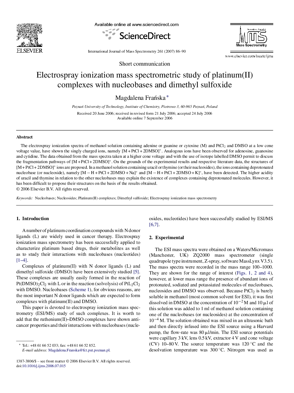 Electrospray ionization mass spectrometric study of platinum(II) complexes with nucleobases and dimethyl sulfoxide