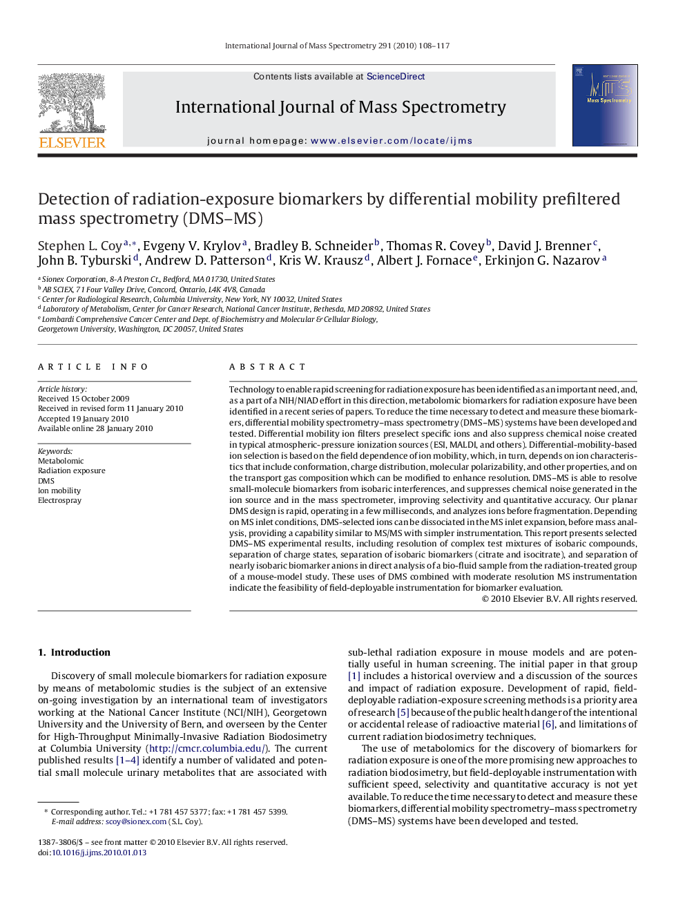 Detection of radiation-exposure biomarkers by differential mobility prefiltered mass spectrometry (DMS–MS)