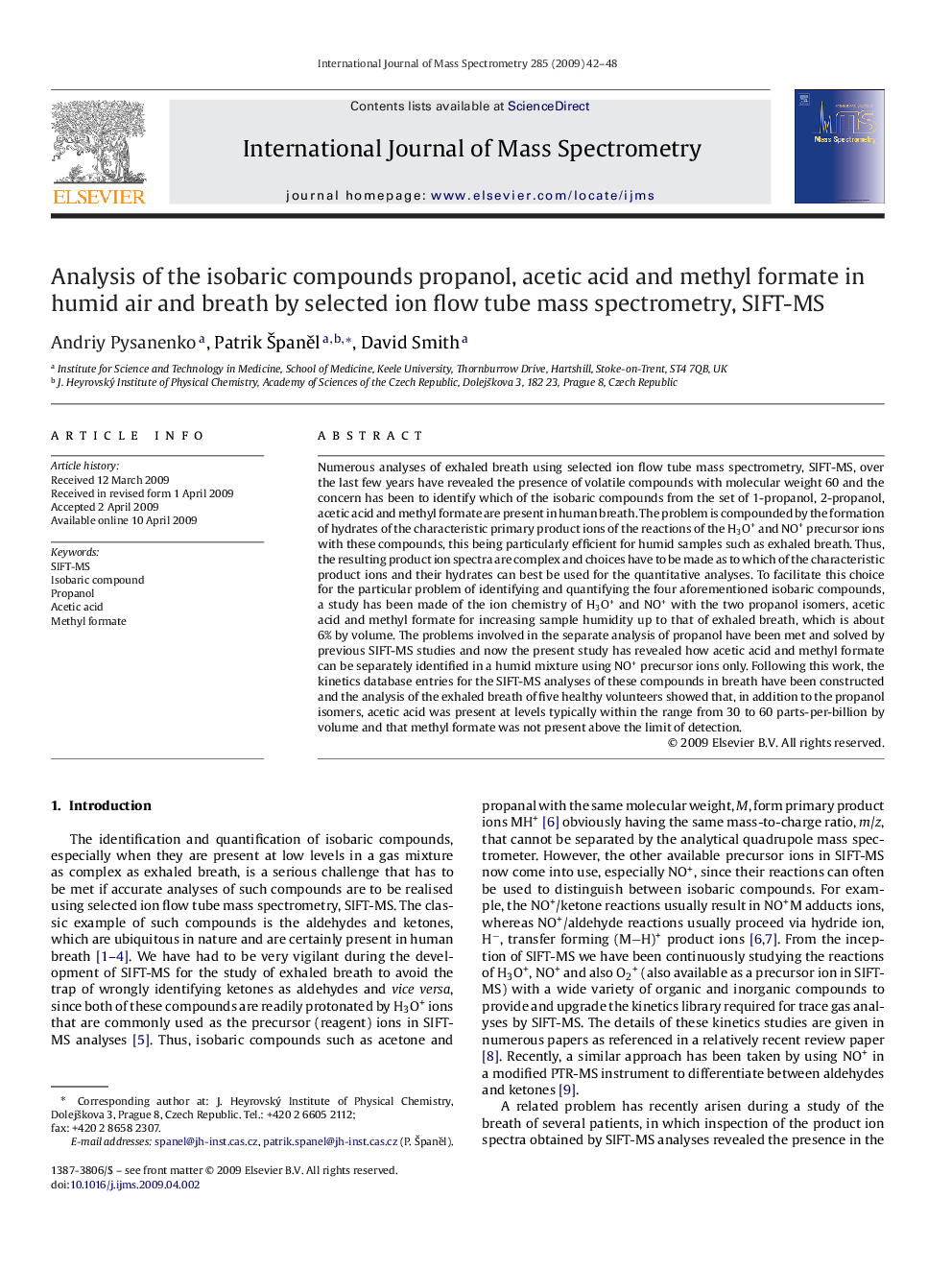 Analysis of the isobaric compounds propanol, acetic acid and methyl formate in humid air and breath by selected ion flow tube mass spectrometry, SIFT-MS