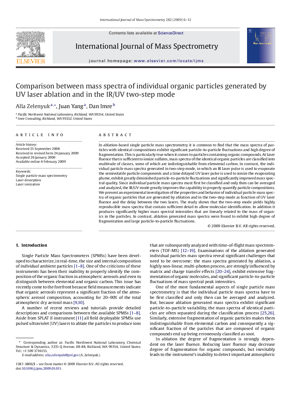 Comparison between mass spectra of individual organic particles generated by UV laser ablation and in the IR/UV two-step mode