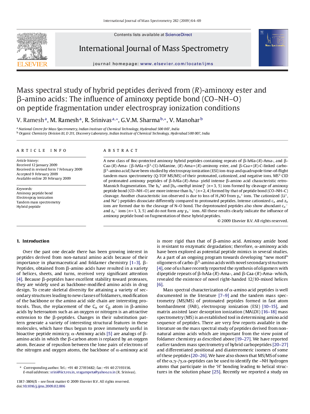 عکس صفحه اول مقاله: Mass spectral study of hybrid peptides derived from (R)-aminoxy ester and β-amino acids: The influence of aminoxy peptide bond (CO–NH–O) on peptide fragmentation under electrospray ionization conditions Mass spectral study of hybrid peptides derived from (R)-aminoxy ester and β-amino acids: The influence of aminoxy peptide bond (CO–NH–O) on peptide fragmentation under electrospray ionization conditions