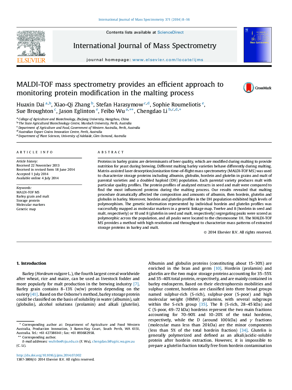 MALDI-TOF mass spectrometry provides an efficient approach to monitoring protein modification in the malting process