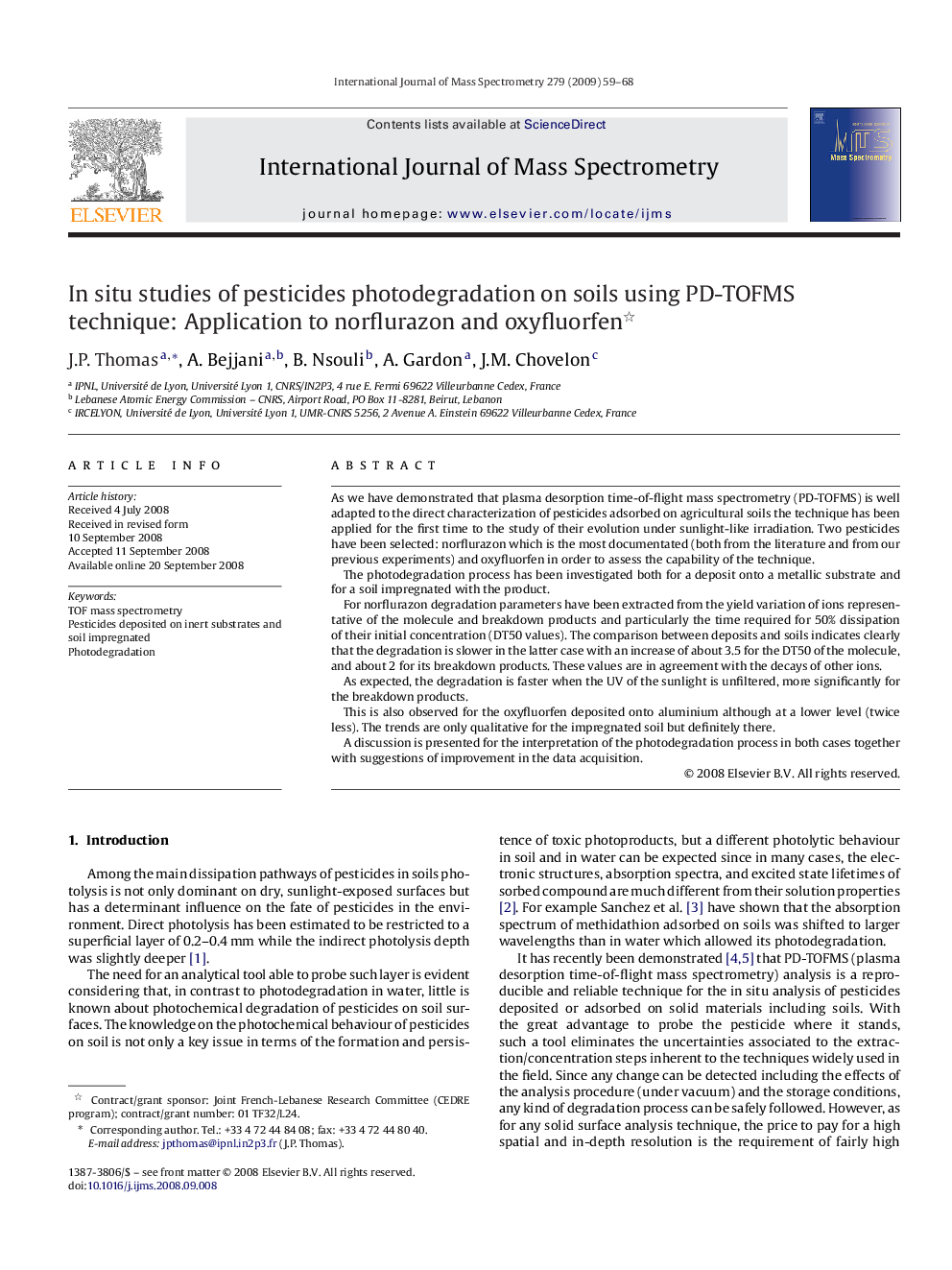 In situ studies of pesticides photodegradation on soils using PD-TOFMS technique: Application to norflurazon and oxyfluorfen 