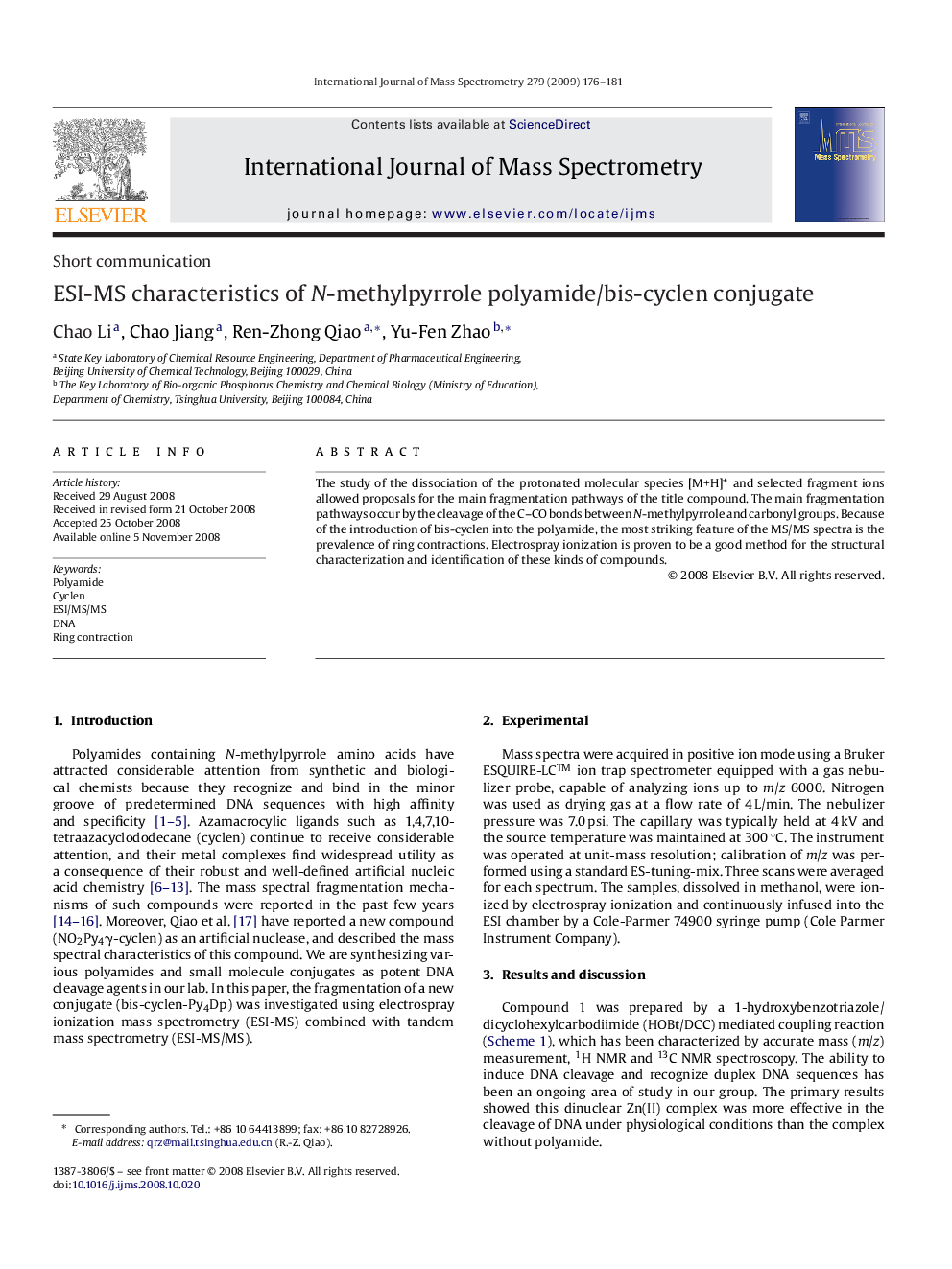 ESI-MS characteristics of N-methylpyrrole polyamide/bis-cyclen conjugate