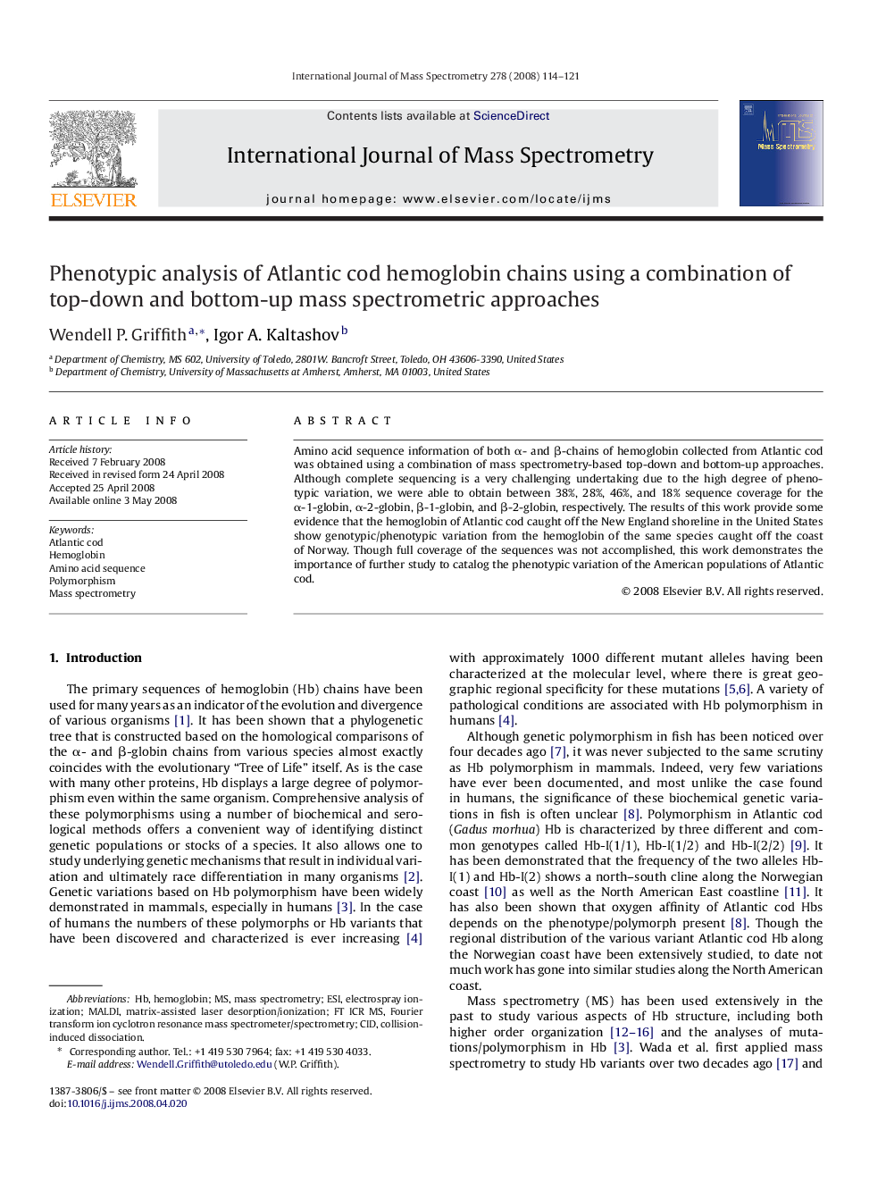 Phenotypic analysis of Atlantic cod hemoglobin chains using a combination of top-down and bottom-up mass spectrometric approaches