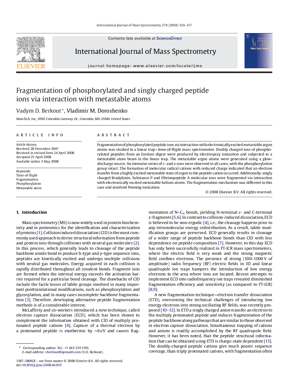 Fragmentation of phosphorylated and singly charged peptide ions via interaction with metastable atoms