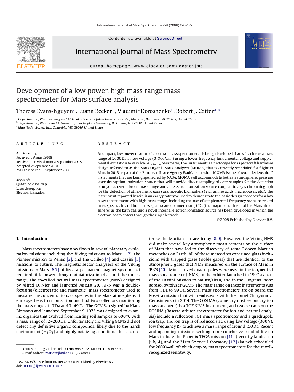 Development of a low power, high mass range mass spectrometer for Mars surface analysis