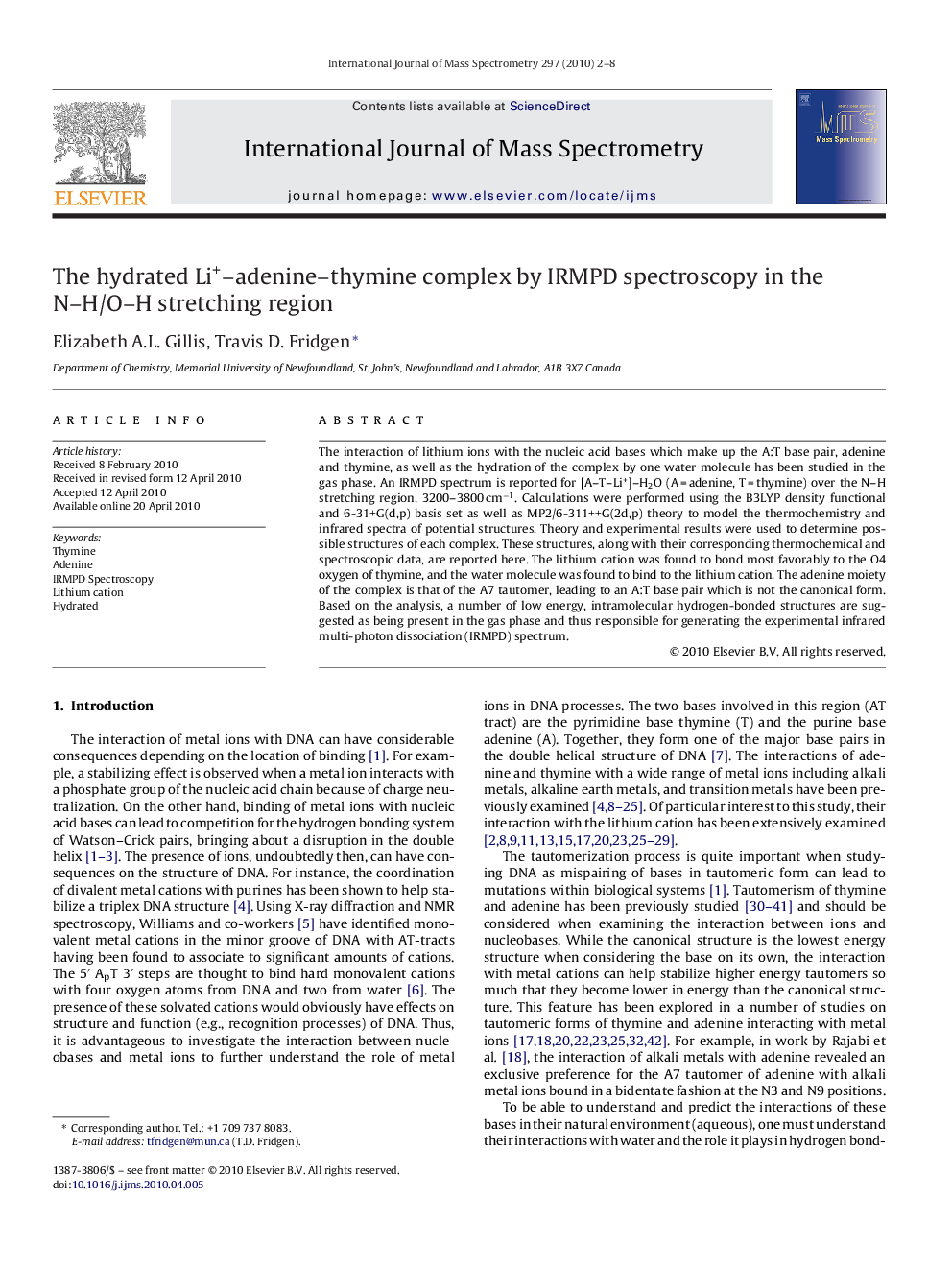 The hydrated Li+–adenine–thymine complex by IRMPD spectroscopy in the N–H/O–H stretching region
