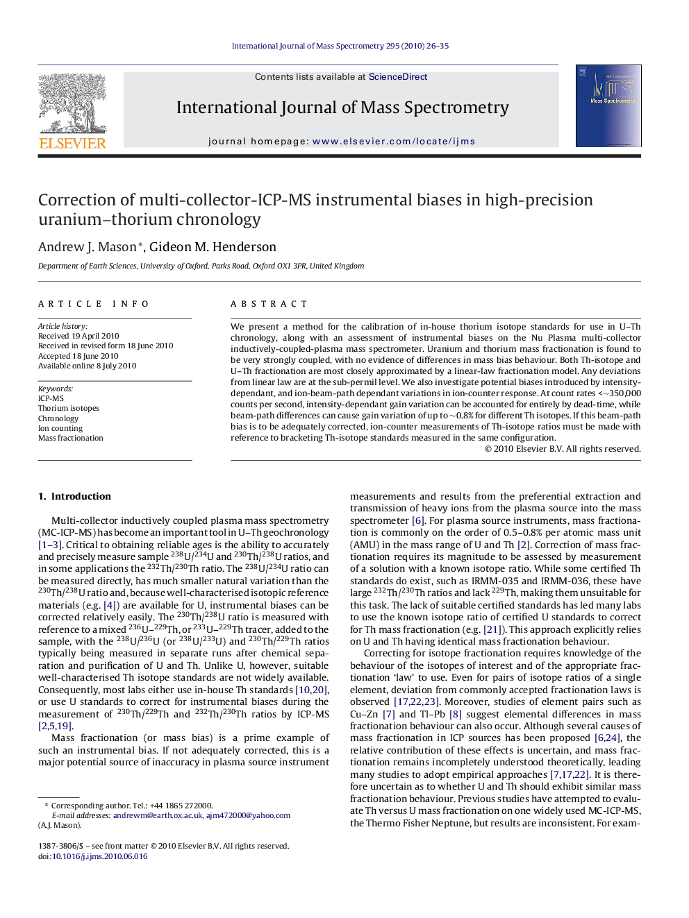 Correction of multi-collector-ICP-MS instrumental biases in high-precision uranium–thorium chronology