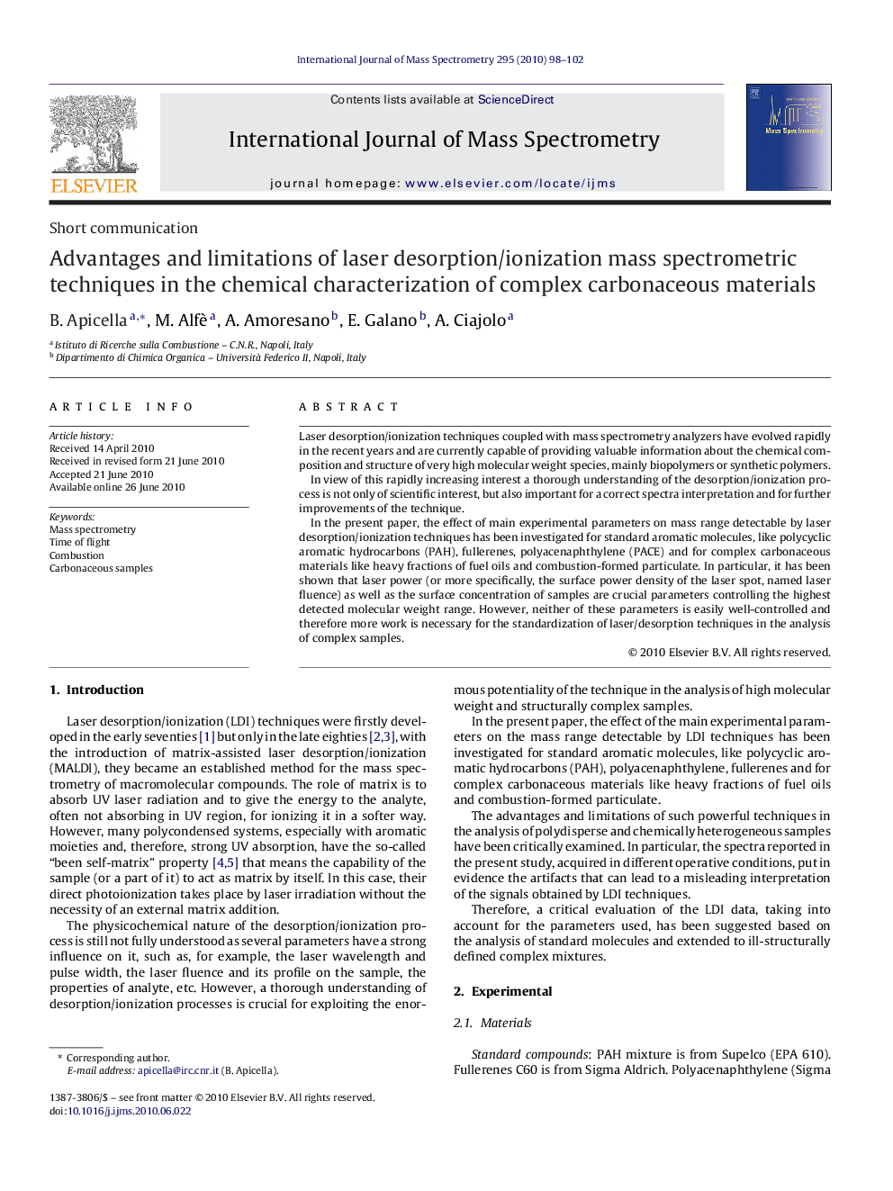 Advantages and limitations of laser desorption/ionization mass spectrometric techniques in the chemical characterization of complex carbonaceous materials