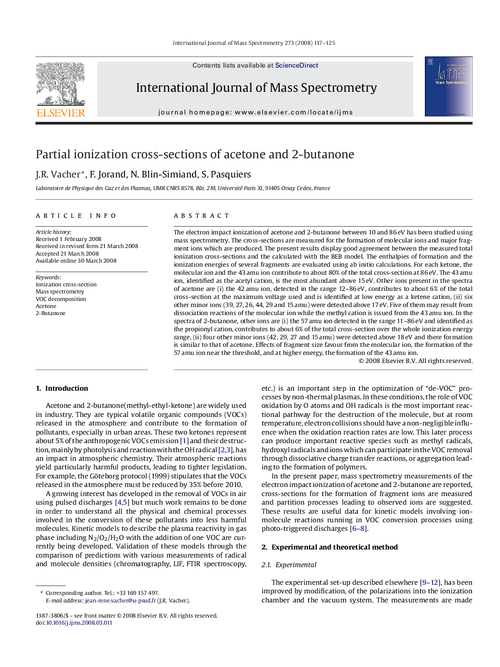 عکس صفحه اول مقاله: Partial ionization cross-sections of acetone and 2-butanone Partial ionization cross-sections of acetone and 2-butanone