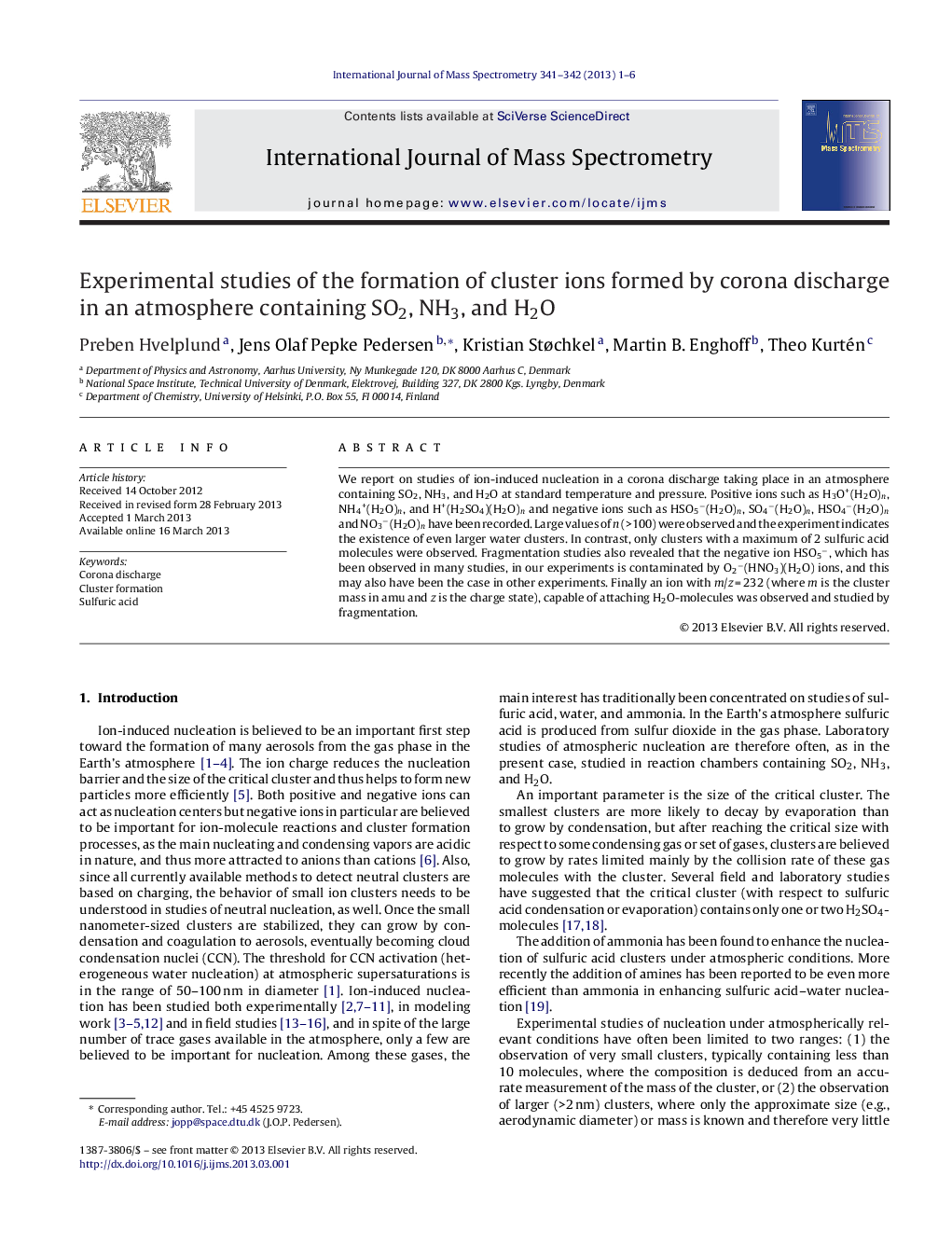 Experimental studies of the formation of cluster ions formed by corona discharge in an atmosphere containing SO2, NH3, and H2O