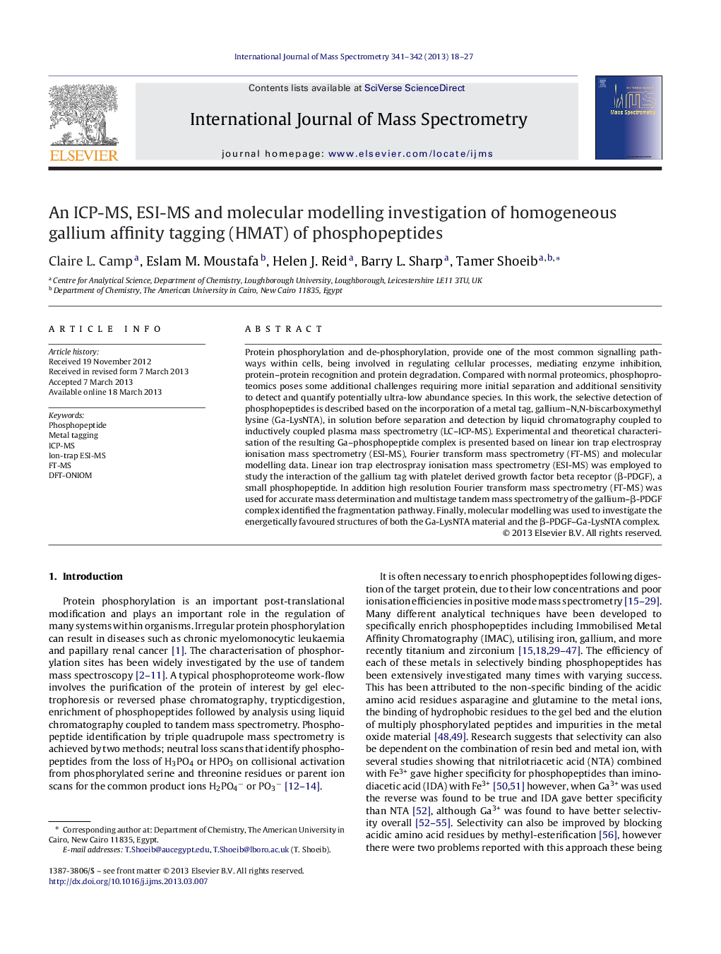 An ICP-MS, ESI-MS and molecular modelling investigation of homogeneous gallium affinity tagging (HMAT) of phosphopeptides