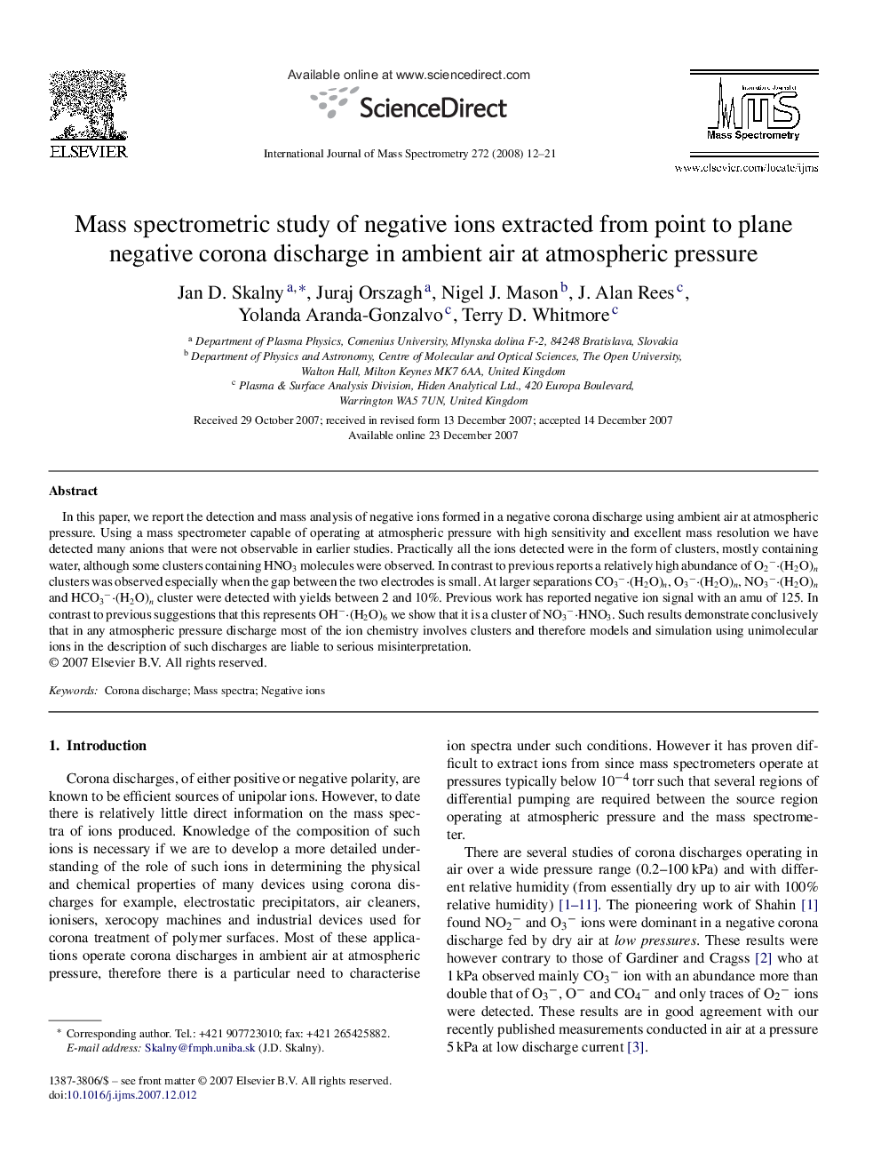 Mass spectrometric study of negative ions extracted from point to plane negative corona discharge in ambient air at atmospheric pressure