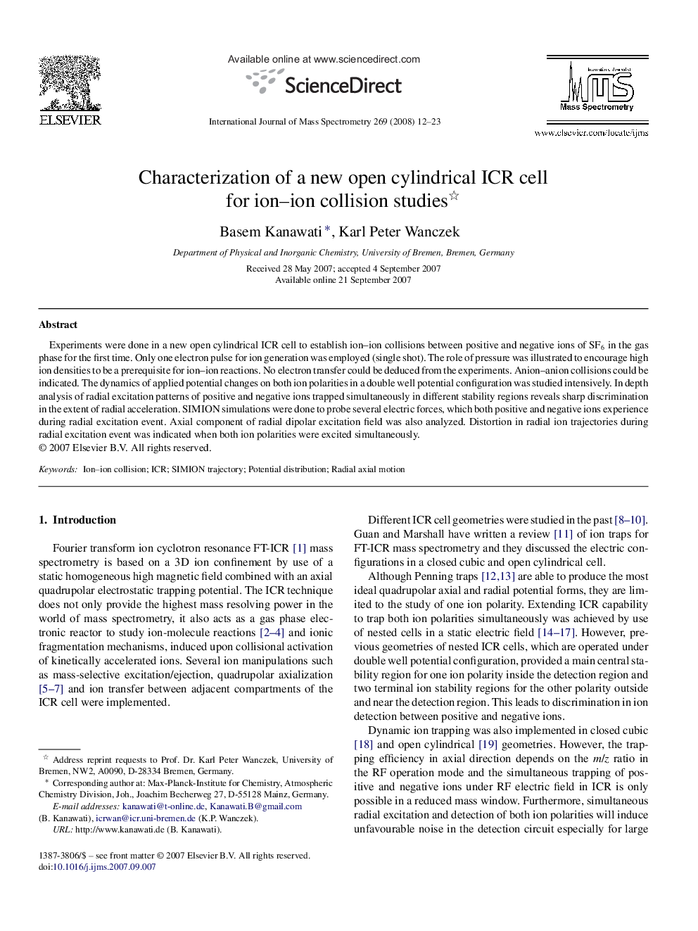 Characterization of a new open cylindrical ICR cell for ion–ion collision studies 