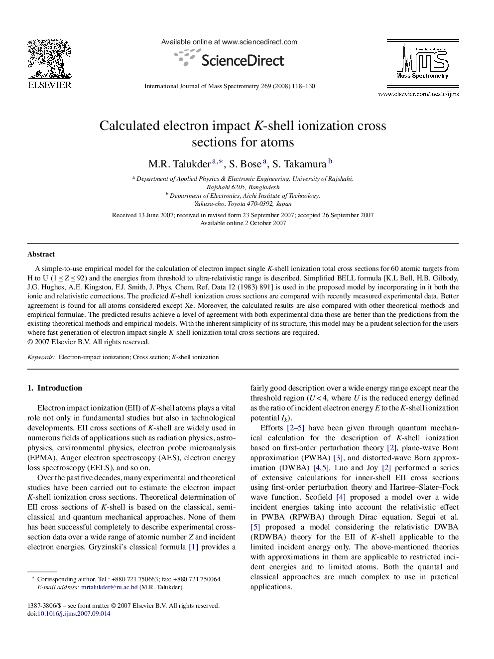 عکس صفحه اول مقاله: Calculated electron impact K-shell ionization cross sections for atoms Calculated electron impact K-shell ionization cross sections for atoms