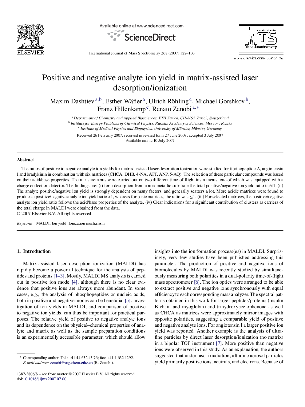 Positive and negative analyte ion yield in matrix-assisted laser desorption/ionization