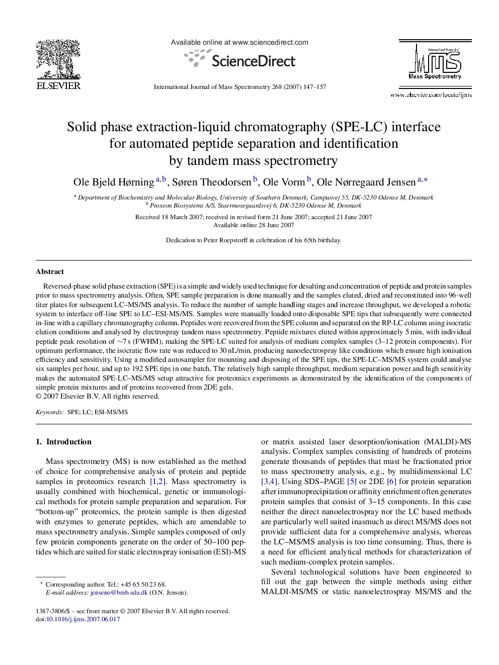 Solid phase extraction-liquid chromatography (SPE-LC) interface for automated peptide separation and identification by tandem mass spectrometry