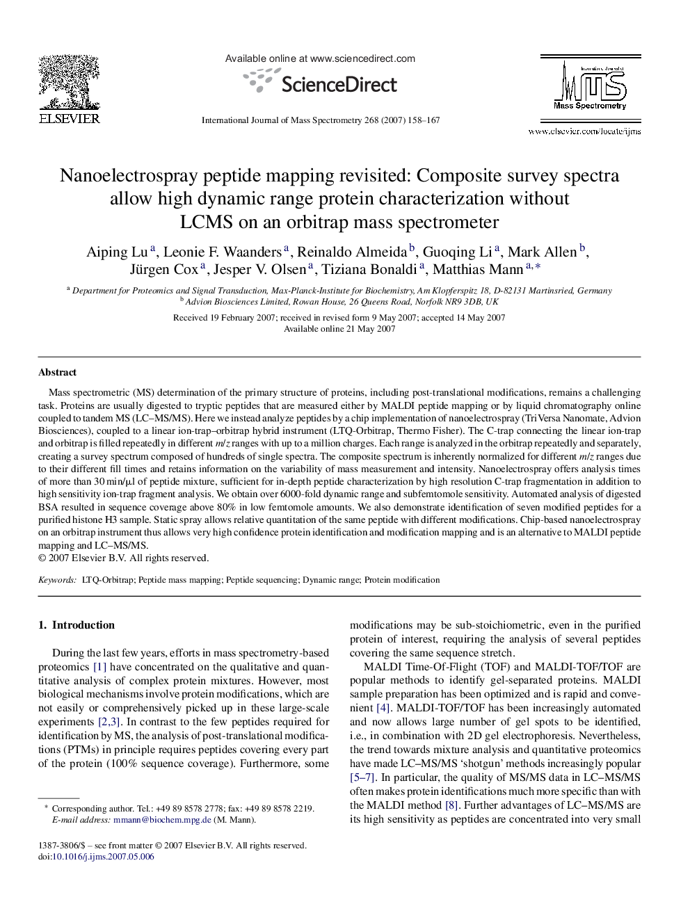 Nanoelectrospray peptide mapping revisited: Composite survey spectra allow high dynamic range protein characterization without LCMS on an orbitrap mass spectrometer