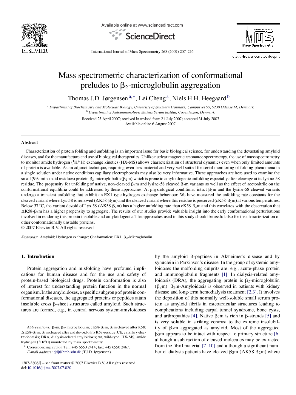 Mass spectrometric characterization of conformational preludes to Î²2-microglobulin aggregation