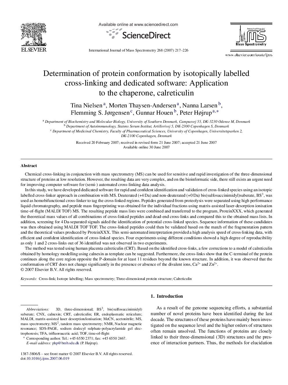 Determination of protein conformation by isotopically labelled cross-linking and dedicated software: Application to the chaperone, calreticulin