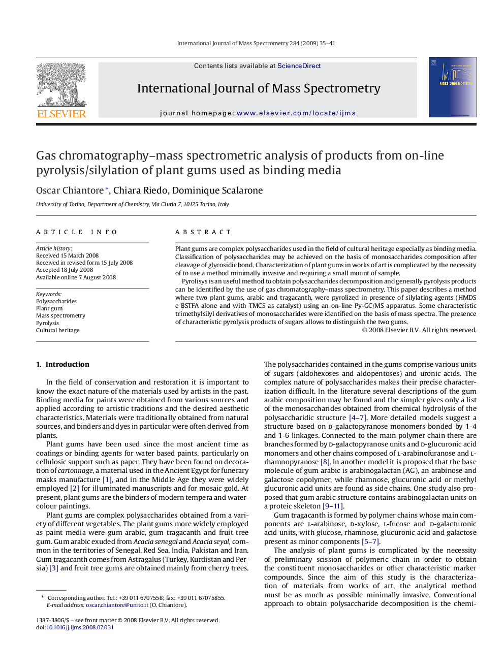 Gas chromatography–mass spectrometric analysis of products from on-line pyrolysis/silylation of plant gums used as binding media