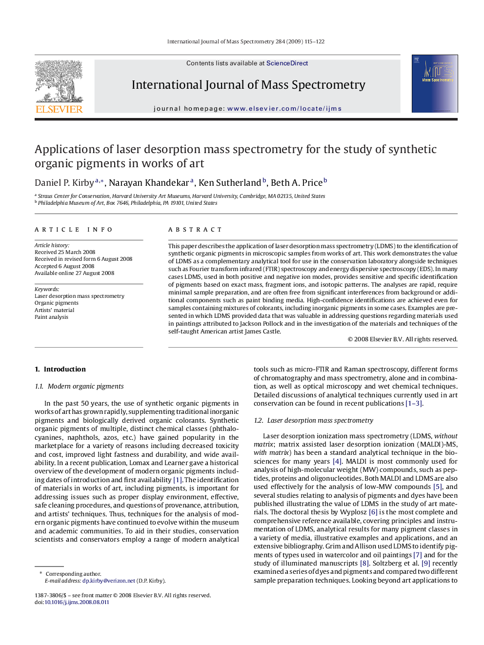 Applications of laser desorption mass spectrometry for the study of synthetic organic pigments in works of art